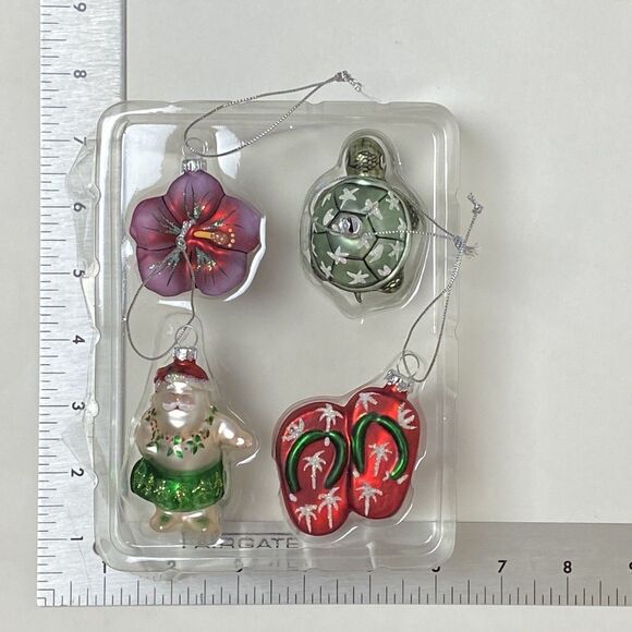 Hawaiian Tropical Holiday Mini Glass Christmas Ornaments Set 4 Santa, Hibiscus - Picture 2 of 10